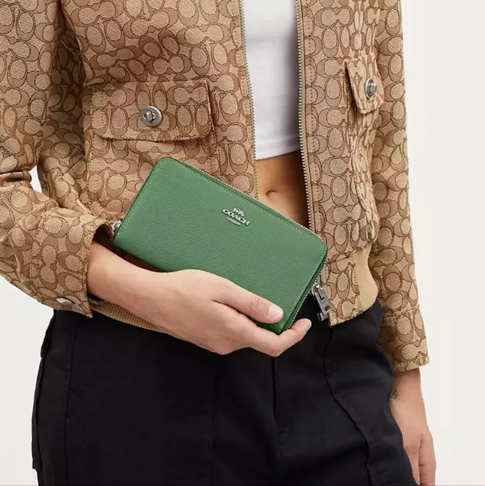 Coach Long Zip Around Wallet Silver/Soft Green Wristlet - Picture 5 of 6